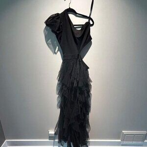 Black one shoulder black dress in pointe Roma and net base with cutwork stripes
